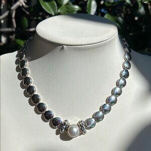 Lagos Caviar Sterling Silver 18K Yellow Gold Mabe Pearl Disc Necklace